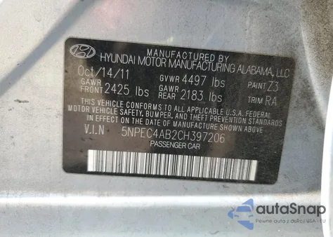 2012 Hyundai Sonata Se z USA, uszkodzony, nr VIN 5NPEC4AB2CH397206